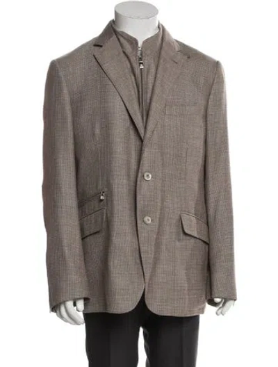 Pre-owned Corneliani Virgin Wool Houndstooth Print Coat In Brown