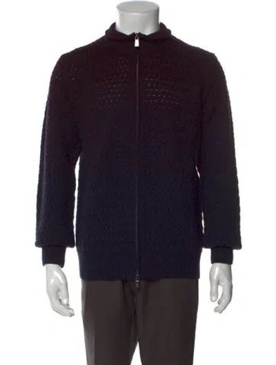 Pre-owned Corneliani Virgin Wool Mock Neck Cardigan In Blue