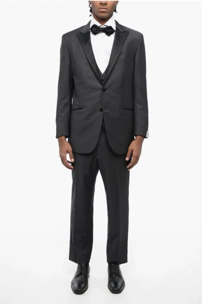 Corneliani Virgin Wool Peak Lapel 3 Piece Waistcoat Suit In Black
