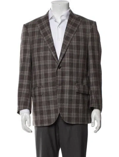 Pre-owned Corneliani Virgin Wool Plaid Print Peacoat In Gray