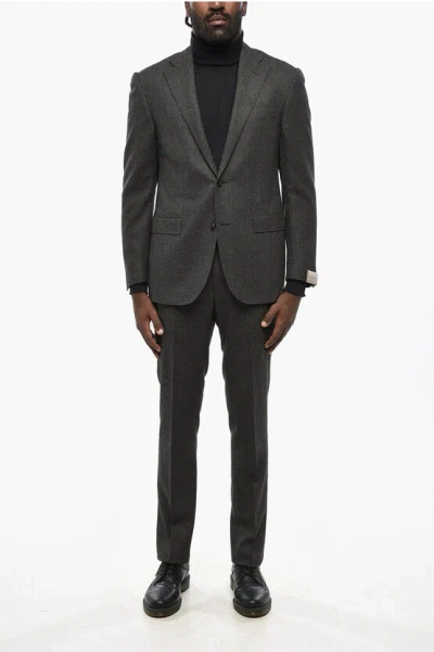 Corneliani Virgin Wool Suit With Geometric Motif In Black