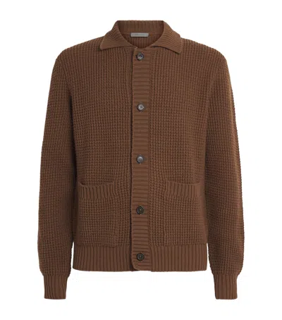 Corneliani Virgin Wool-cashmere Waffle-knit Cardigan In Brown