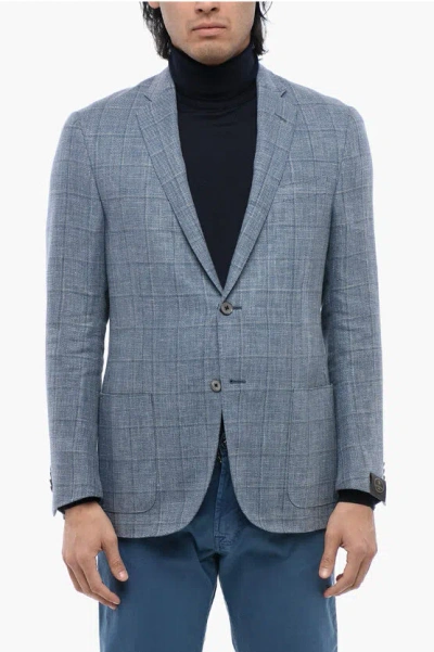 Corneliani Windowpane Patterned Academy Soft Linen Blend Blazer In Blue