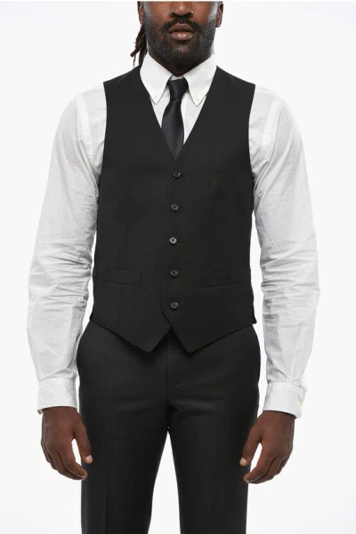Corneliani Wool 5 Buttons Vest With Jetted Pockets In Black