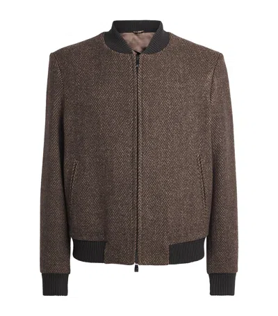 Corneliani Wool Herringbone Bomber Jacket In Brown