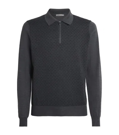 Corneliani Wool Knit Zip Polo Sweater In Black