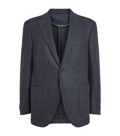 Corneliani Wool Mouliné Check Blazer In Navy