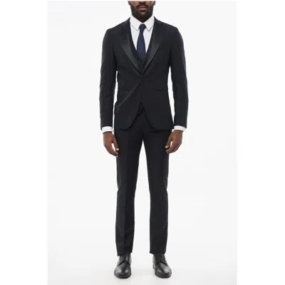 Corneliani Wool Single Breasted Blazer With Satin Lapel In Blue