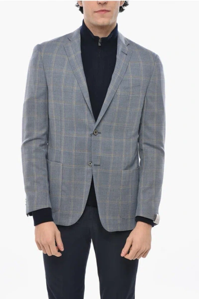 Corneliani Wool Single Breasted Gate Blazer With Check Motif In Gray