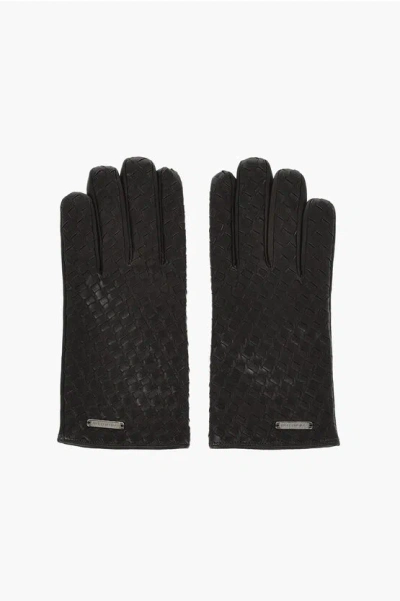 Corneliani Woven Leather Gloves In Black