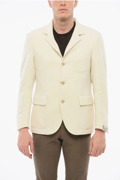 Corneliani Woven Wool Blazer With Patch Chest Pocket In Neutral