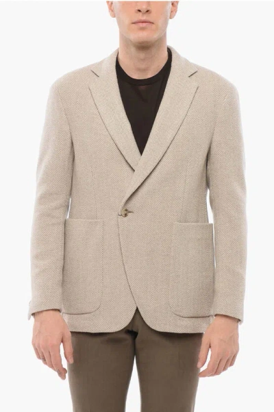 Corneliani Woven Wool Reset Blazer With Herringbone Motif In Neutral
