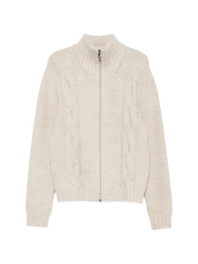 Corneliani Zip Sweater In Oatmeal Beige With Mélange Effect In White
