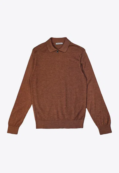 Corneliani Zip-up Wool Polo Sweater In Brown