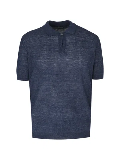 Corneliani Zip-fastening Knitted Polo Shirt In Blue