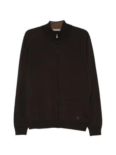 Corneliani Zip-up Embroidered-logo Cardigan In Brown