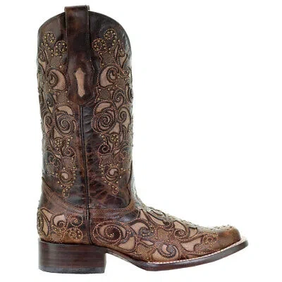 Pre-owned Corral Boots A3326 Embroidery Square Toe Cowboy Womens Brown Casual Boots A3326