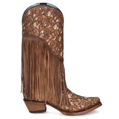 Pre-owned Corral Boots Caracas Fringe And Tooledinlay Snip Toe Cowboy Womens Brown Casual