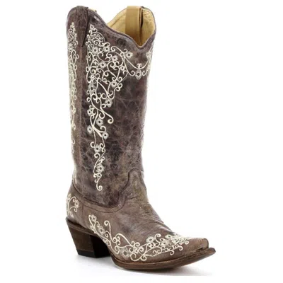 Pre-owned Corral Boots Corral Distressed Brown With Bone Embroidery Boots A1094 In White