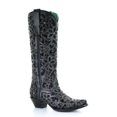 Pre-owned Corral Boots Corral Ladies Black Full Inlay & Studs Tall Top Boots A3589
