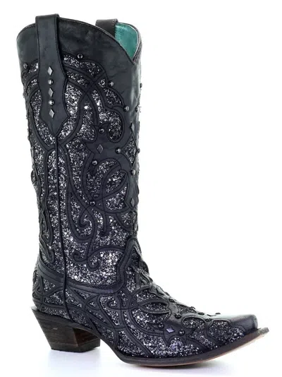 Pre-owned Corral Boots Corral Ladies Black Glitter Inlay And Studded Western Boots C3423
