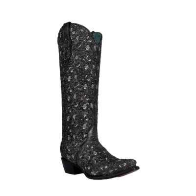 Pre-owned Corral Boots Corral Ladies Black Glitter Overlay Tall Western Boots C4049