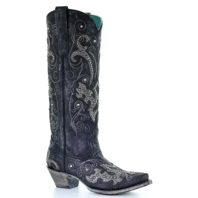 Pre-owned Corral Boots Corral Ladies Black Overlay Emroidery Stud & Crystals Tall Boots A3637