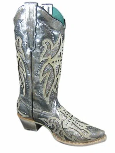 Pre-owned Corral Boots Corral Ladies Boots Laser Inlay Embroidered Studded, Silver E1546