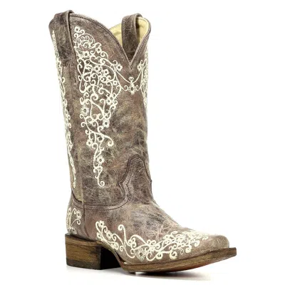 Pre-owned Corral Boots Corral Ladies Brown Crater Bone Embroidered Boot A2663 In White