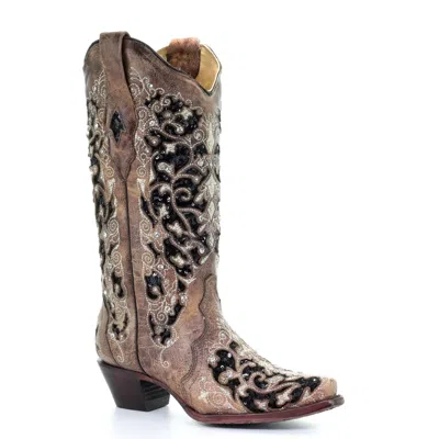 Pre-owned Corral Boots Corral Ladies Brown Floral Embroidery & Black Sequin Inlay Boots A3569