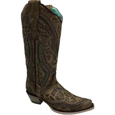 Pre-owned Corral Boots Corral Ladies Brown/ Grey Inlay & Embroidery & Studs Boots E1569 In Gray