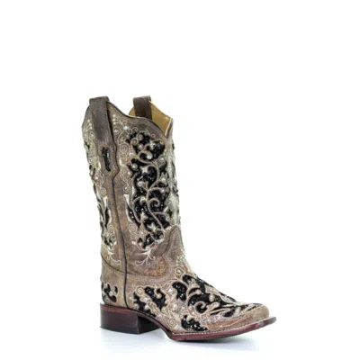 Pre-owned Corral Boots Corral Ladies Brown Inlay, Flowered Embroidery & Studs Boots A3648