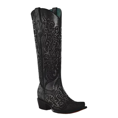 Pre-owned Corral Boots Corral Ladies Crystals & Overlay Black Tall Western Boots C4097