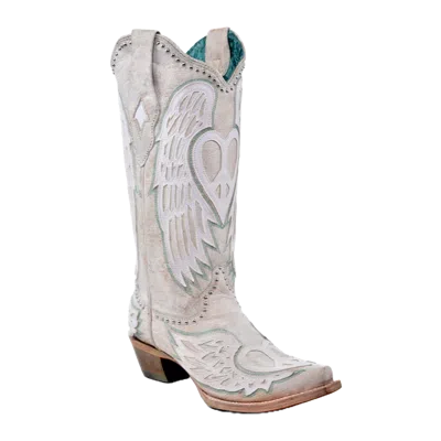 Pre-owned Corral Boots Corral Ladies Distressed Heart & Wings Overlay White Western Boots A4504