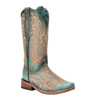 Pre-owned Corral Boots Corral Ladies Distressed Turquoise-honey Western Boots C4095 In Blue