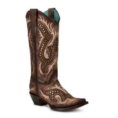 Pre-owned Corral Boots Corral Ladies Embroidery & Studs Taupe Overlay Western Boots C3794 In Brown