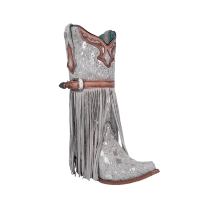 Pre-owned Corral Boots Corral Ladies Fur Harness & Lamb Fringe Snip Toe Boots C4081 In Silver