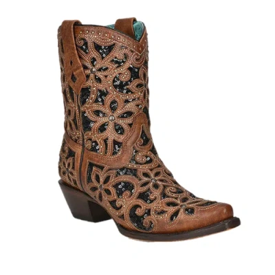Pre-owned Corral Boots Corral Ladies Glitter Inlay And Studs Tan Ankle Boots A4278 In Brown