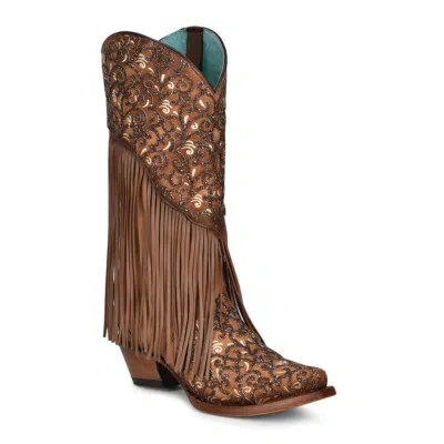 Pre-owned Corral Boots Corral Ladies Honey Lamb Overlay & Fringes Western Boots C3876 In Brown