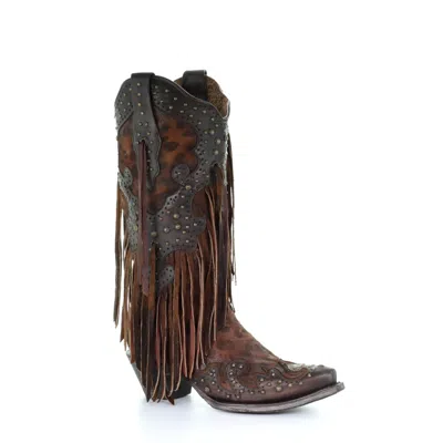 Pre-owned Corral Boots Corral Ladies Honey Leopard Fringe And Studded Snip Toe Boots A3618 In Yellow