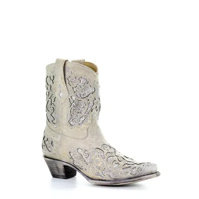 Pre-owned Corral Boots Corral Ladies Mariah White Glitter Inlay & Crystals Ankle Boots A3550
