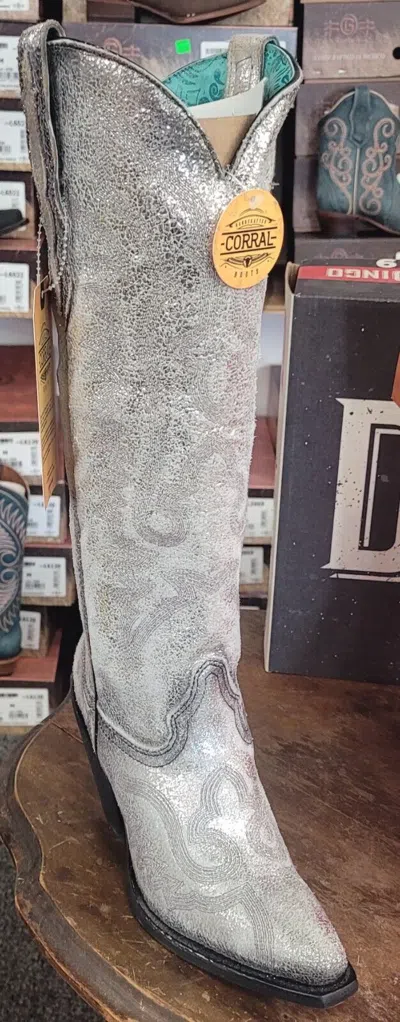 Pre-owned Corral Boots Corral Ladies Old Silver Metallized Leather Pointed Toe Tall Boots Z5224