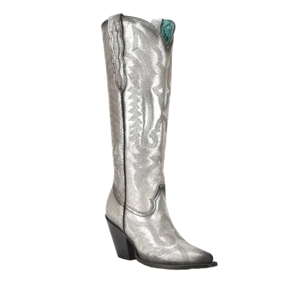 Pre-owned Corral Boots Corral Ladies Old Silver Metallized Leather Pointed Toe Tall Boots Z5224
