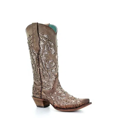 Pre-owned Corral Boots Corral Ladies Orix Glitter Inlay And Studded Western Boots C3331 In Brown