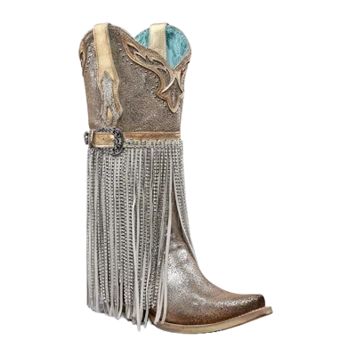 Pre-owned Corral Boots Corral Ladies Overlay & Harness Silver-gold Metallized Leather Boots A4514