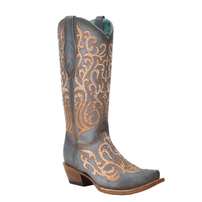 Pre-owned Corral Boots Corral Ladies Overlay Embroidery Blue-honey Western Boots C4124
