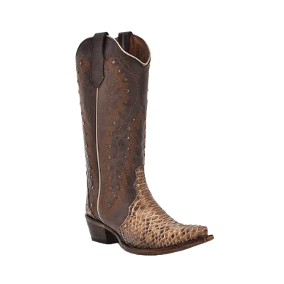 Pre-owned Corral Boots Corral Ladies Python & Studs Chocolate Brown Western Boots L6045