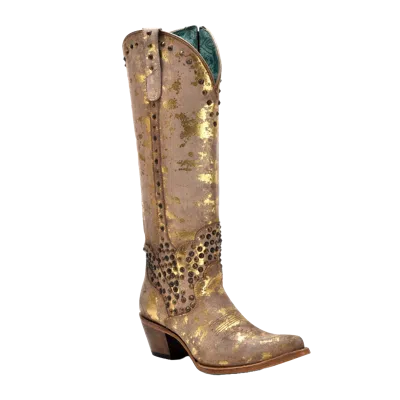 Pre-owned Corral Boots Corral Ladies Sand-gold Touches Pointed Toe Zipper Tall Boots C4135 In Brown