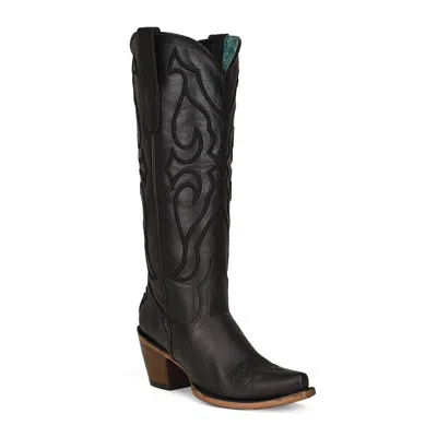 Pre-owned Corral Boots Corral Ladies Stitch Pattern & Inlay Snip Toe Black Tall Boots Z5075