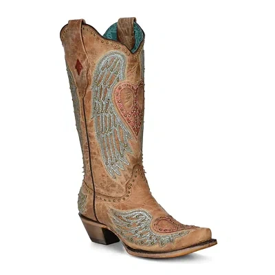 Pre-owned Corral Boots Corral Ladies Studded Heart & Wings Overlay Sand Western Boots A4235 In Beige